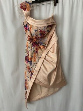 Rengin Light Pink Sequins Feathers Asymmetrical Mini Dress *Sz 10-12*